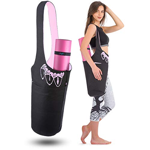 Zenifit Yoga Mat Bag – Long Tote with Pockets – Holds More Yoga Accessories. Cute Yoga Mat Holder with Bonus Yoga Mat Strap Elastics. Stylish and Practical Yoga Mat Bags and Carriers (Black & Pink)