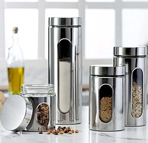 GGEROU Stainless Steel Food Storage Canister Sets with Glass Visible Window & Airtight Lids,Set of 6 Airtight Sugar Coffee Tea Candy Storage Jars，Food Storage Containers Grain Storage Tank (M：950ml)