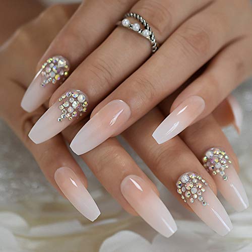 Luxury Coffin Nails with AB Rhinestones Ombre French Nail with Stones Long False Nails Natural Color Designed 1 Luxury Coffin Nails with AB Rhinestones Ombre French Nail with Stones Long False Nails Natural Color Designed