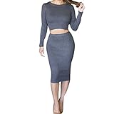 New Solid Color Women Sexy Bodycon Long Sleeve Midriff Elegant Two Piece Dress