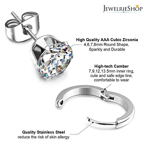 JewelrieShop Stainless Steel Stud Earrings – 8 Pairs, Hypoallergenic, Nickel-Free, Cubic Zirconia In 4 Sizes (4mm-8mm) - View #4