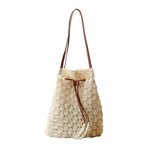 Fansi 1Pcs Eimer Stroh Tasche handgemachte Quaste Handtasche kleine frische gewebte Tasche Sommerferien Damen…
