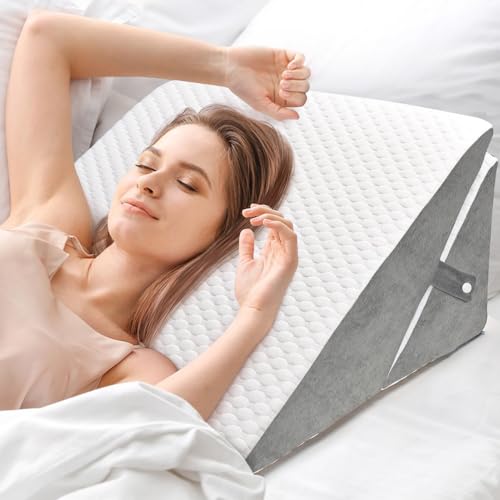 Adjustable Wedge Cushion, High Density Foam Reading Cushion for Bed and Sofa, Ergonomic Pillow, Bed Wedge for Reflux Sleep Apnea, Leg Cushion, Perfect Back Cushion when Playing, Reading (White & Grey)