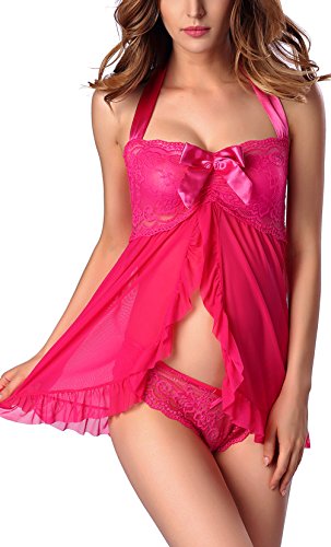 Freemale-Women-Sexy-Nightwear-Halter-Lace-Strap-Chemise-Babydoll-Lingerie-Set