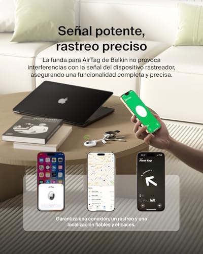 Funda AirTag con Correa, Llavero AirTag Resistente a los Arañazos, Banda para Aro de Llavero, Frontal Abierto y Bordes Elevados, Cubierta, Localizador de Llaves, Mascotas y Maletas, Blanco