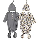 woshilaocai 2 Pack Baby Boy Girl Gown Sleeper Newborn Knotted Nightgown and Hat Set Infant Sleepwear