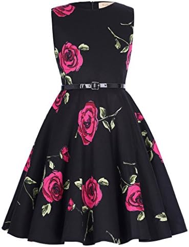 Kate Kasin Girls Sleeveless Floral Printed Casual Swing Dresses with Belt