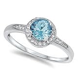 Halo Style Simulated Aquamarine & Cz Promise Engagement Ring .925 Sterling Sizes 3-13