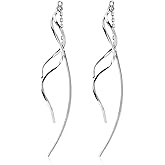 SLUYNZ Sterling Silver Curve Dangle Earrings for Women Teens Wave Dangle Earrings Threader Tassel
