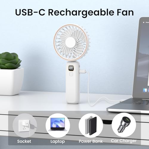 POIFL Hand Held Fan,Portable Handheld USB Rechargeable Fans with 5 Speeds,Battery Operated Mini Fan Foldable Desk Desktop Fans with LED Display for Home Office Bedroom Outdoor Travel