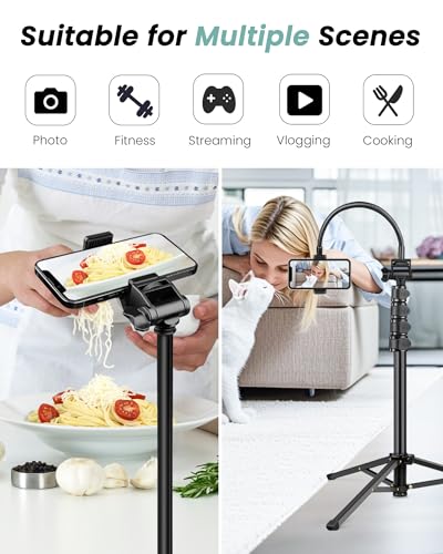 Victiv 197 cm high mobile phone tripod, flexible overhead smartphone tripod, with 25 cm adjustable gooseneck, remote shutter release for selfies, aluminium camera phone tripod for Sony DSLR and iPhone17 16 15 Pro Max