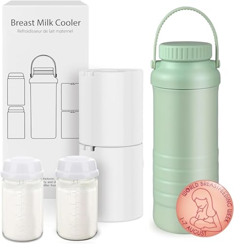 MOOWSKI Enfriador de Leche Materna Portatil 22OZ [Mantiene Fría por Más de 24 Horas] Termo para leche materna con 2 Botellas de 300ml, Sin BPA Botellas para Viajes y Exteriores - Enfriador de Leche Materna de Acero Inoxidable - Verde