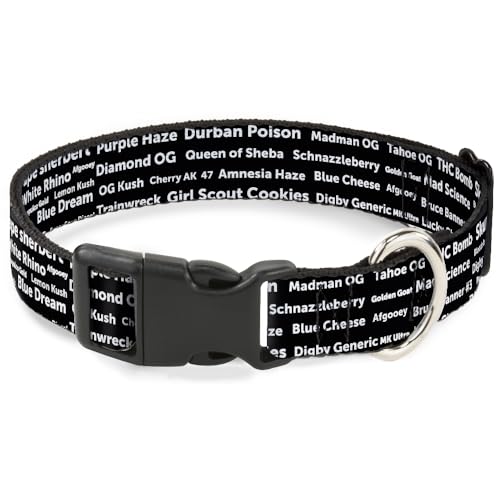 Plastic Clip Collar - Verbiage Marijuana Strains Black White - Large 15-26"