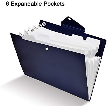FHEAL File Folders Plastic 6 Pockets File A4 Letter Size Tabs Expanding File Folder with Snap Button Documents Paper Organizer Accordion Folder for Student or Office Worker (Blue 1 Pack 6 Pockets)