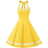 Women's Halter Neck 50s 60s Vintage Polka Dot Cocktail Party Swing Dress Buttons Retro Pin Up 1950s Audrey Hepburn Rockabilly Prom Dress Knee Length A-Line Wedding Evening Gown Tea Dress Yellow 2XL