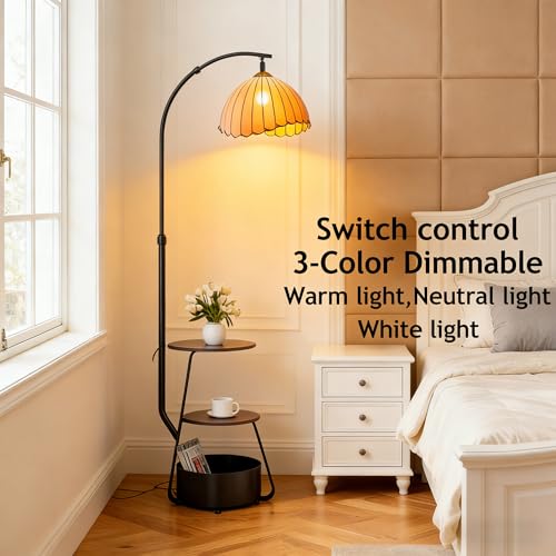 Floor Lamp with Table Attached, 3 Tier Sofa Side Stand Lamp with Bottom Storage Basket, 3 Color Temperature Reading Light, Modern Simple Storage Bedside Cabinet for Living Room, Home