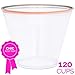 Rose Gold Plastic Disposable Cups (120 x 9 oz) - Elegant Rose Gold Rim Trim Clear Party Cup - Fancy Reusable Rimmed Glass Tumbler For Birthday, Wedding, Bar Parties Decoration Supplies, Trimmed Glass