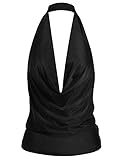 Womens Lightweight Sexy Drape Backless Cowl Neck Low Cut Halter Top with Stretch Black/S