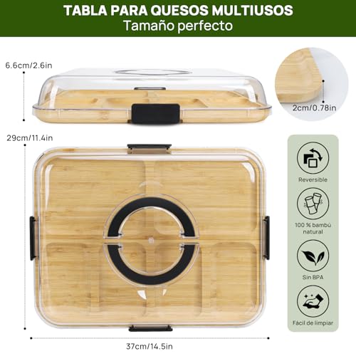 Tabla de Quesos con Tapa Transparente Antipolvo, Tabla Charcuteria Portátil con Asa y Seguro, 6 Divisiones, Reversible de Bambú - Ideal para Picnics, Fiestas, Camping y como Regalo para Casa Nueva