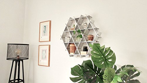 Hexagon Floating Shelves, Bookcase, Hanging Bookshelf, Living Room Storage, Small Bookshelf - Ruche Shelving Unit Medium- Cardboard unicorn silver finish
