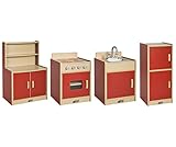 ECR4Kids Colorful Essentials 4-Piece Kitchen Playset (Stove, Sink, Cupboard, Refrigerator), Maple/Red