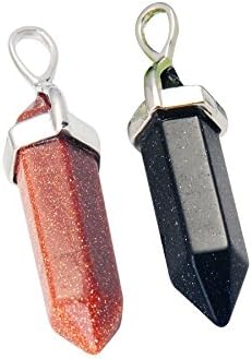Natural Red Goldstone Gemstone Stone Hexagonal Prism Healing Reiki Chakra Pendant Fit Necklace 2 Pcs Pack (Goldstone+Blue Sandstone)