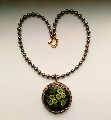 OOAK Beadwoven Necklace with Handpainted Floral Pendant &amp; cultured Pearls