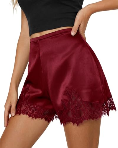 Cicy Bell Womens Satin Silk Lace Shorts Y16K Micro Mini Shorts Low Rise Coquette Lounge Half Slip French Knickers Pj Bottoms Wine Red at Amazon
