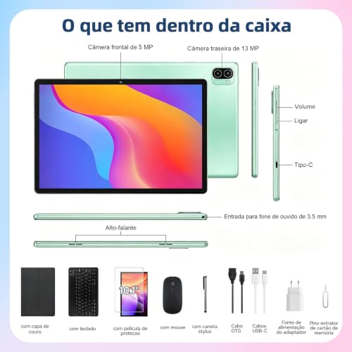 Xixaomiro Tablet Android 15 Pad 10.1", Câmera 13MP + 5MP, Bateria 8000mAh – Kit Completo com Caneta, Mouse, Teclado e Capa, Adequado para Estudo, Trabalho e Lazer (Verde)