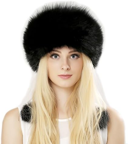 Zegeon Black Fox Fur Roller Hat with Leather Top for Women