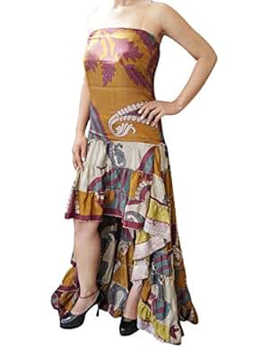 Womens Hi Low Dress Recycled Silk Feminine Touch Ruffle Tiered Design Flowy Strapless Sundress M/L