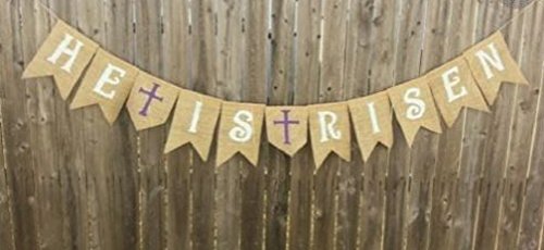 HE is Risen Burlap Banner - Easter Bunting Decoration with Crosses - Religious Holiday Bunting Wall Hanging - Ready to Hang Church Prop Decorations - by Jolly Jon ®