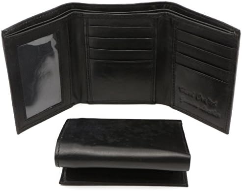 Trifold Genuine Leather Black Plain Compact Wallet With Zipper Currency Pocket