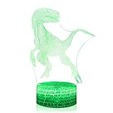 3D Illusion Velociraptor Dinosaur Night Lamp, 7 Color Change, Touch White Crack Base
