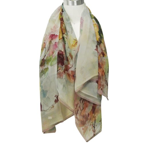 Wrapables 100% Mulberry Silk Floral Painting Square Scarf, Yellow Roses on Pink
