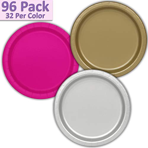 96 Paper Dinner Plates (9") - Gold, Neon Pink, Silver - 32 Per Color, 3 Colors - Great Assortment for Birthday Parties, Weddings, Holidays, Baby Shower, Celebrations, and more