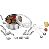 Taluka Stainless Steel Spice Container Box Indian Masala Dabba With 7 Compartments 4 Pcs Of Measuring Spoon & 7 Small Spoons For Home Restaurant Chefs 8x8 Inches