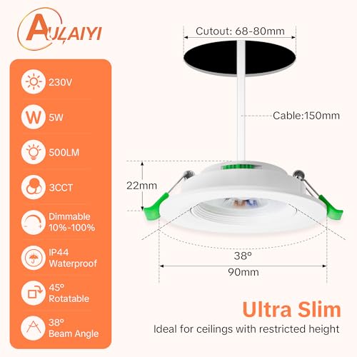 Aulaiyi LED Downlight Recessed Ceiling Dimmable 230V, 5W 500LM LED Spotlights Interior Rotable Ceiling Warm White Neutral White Cool White, IP44 Extra Flat Portholes, Cut 68-80mm, White 10 Pack