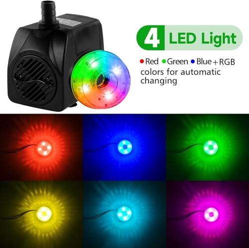 NATPOW Submersible Water Pump, 800L/H Mini Fountain Pump with RGB LED Lights Ultra-Quiet, 3M Cable Pond Pump with 4 Nozzles for Water Feature, Aquarium Fish Tank, Outdoor Fountain