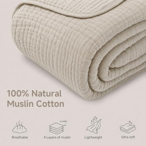 Simple&Opulence Cotton Muslin Throw Blanket for Bed Couch Sofa 4-Layer Gauze Blankets Reversible Soft Lightweight Breathable Home Décor for All-Season 50x60”, Beige