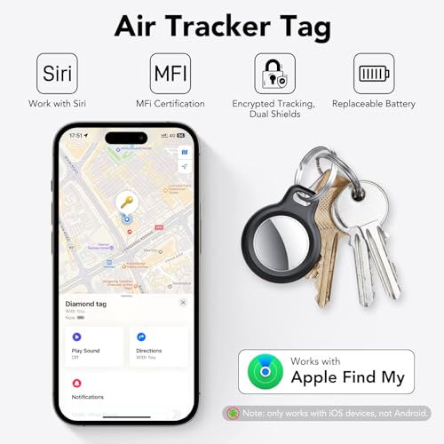 QCOQ Air Tracker Tags-4 Pack | Bluetooth Trackers Work with Apple Find My (iOS Only) with Mini Protective Case/Keychain/Lanyard, Item Finders for Luggage/Key/Suitcases, Replaceable Battery, Black