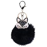 Lavany Key Chain Faux Fur Ball with Artificial Fox Head Inlay Pearl Rhinestone Keychain Bag Plush Car Key Ring Charm Pendant Gift (Black)