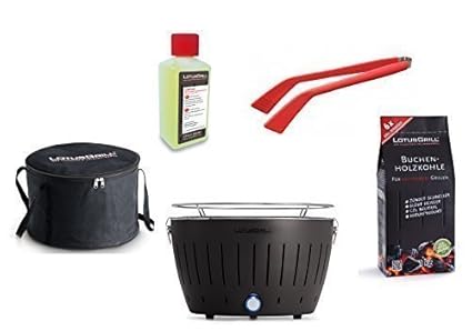 LotusGrill Starter-Set 1x Anthrazitgrau 1x Buchenholzkohle 1kg, 1x Brennpaste 200ml, 1x Würstchenzange Rot, 1x Transport-Trag