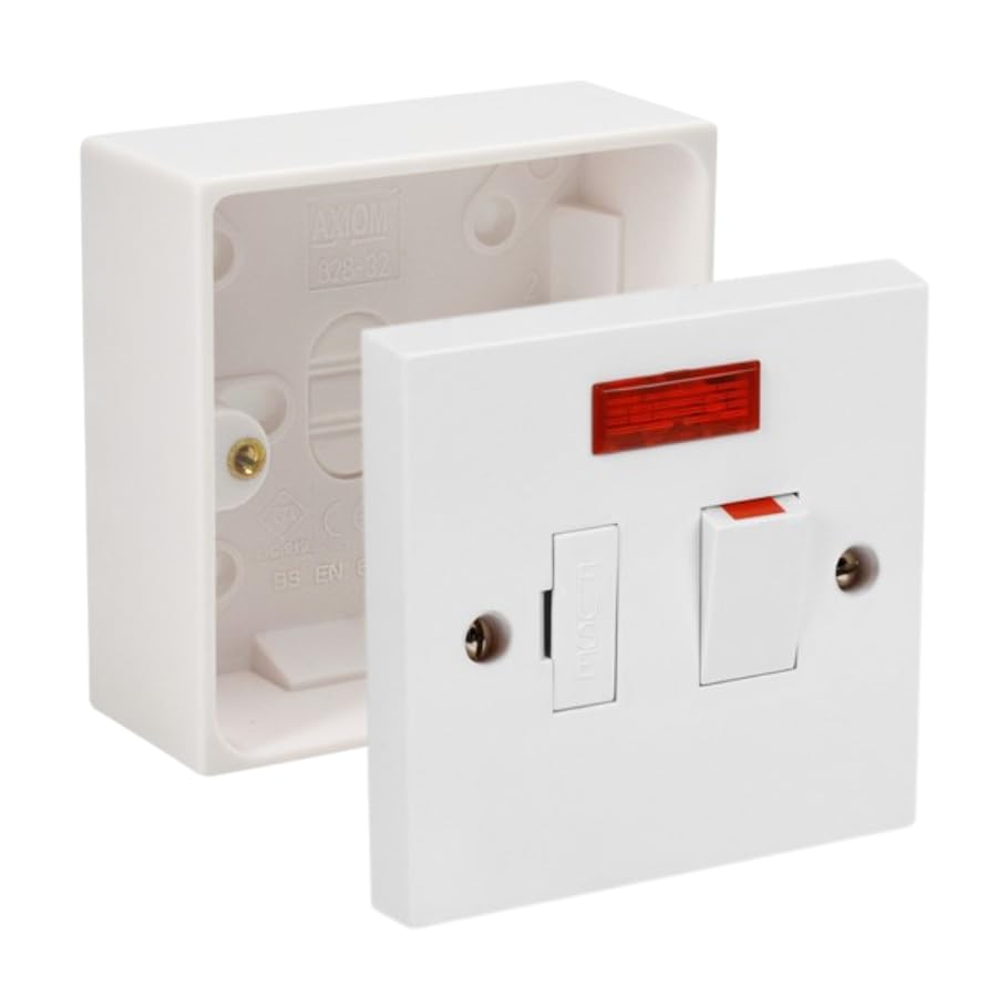 Fused Spur Side Flex 13Amps White Electrical Connection Unit - Optional Neon Indicator, Single 25/35/45mm Pattress Back Box Surface Mounted 1 Gang (Switched Fused Spur with Neon, SET with 35mm Box)