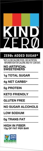 KIND ZERO ADDED SUGAR BARS, KETO SNACK, PEANUT BUTTER DARK CHOCOLATE, GOOD SOURCE OF FIBER, GLUTEN FREE, LOW SUGAR, 5G PROTEIN, 5 COUNT
