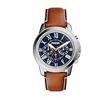 Fossil Men's 44mm Silvertone Grant Watch With Light Brown Leather Strap