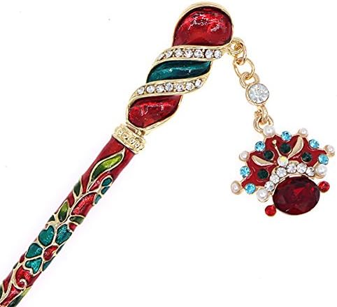Enamel Twirl Floral Hair Stick w/ Rhinestones and Beijing Opera Mask Tassel