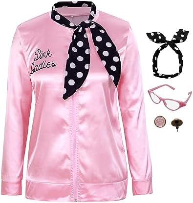 Chaqueta De Satén Rosa Para Disfraz De Los 50’s – Grease Rise Of The Ladies – Incluye Pañuelo – Halloween Y Cosplay