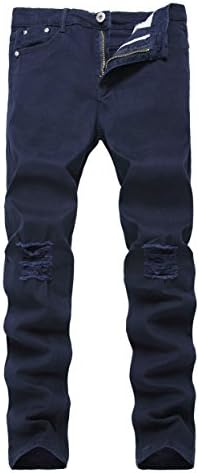 Men's Navy Blue Skinny Ripped Slim Fit Stretch Designed Destroyed Denim Jeans