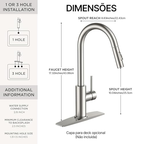 Torneira de Cozinha com Pulverizador Retrátil, Torneira de Pia de Cozinha de Alavanca Única em Níquel Escovado com Arco Alto, Aço inoxidável, Rotação de 360°, Torneiras para Pias de Cozinha